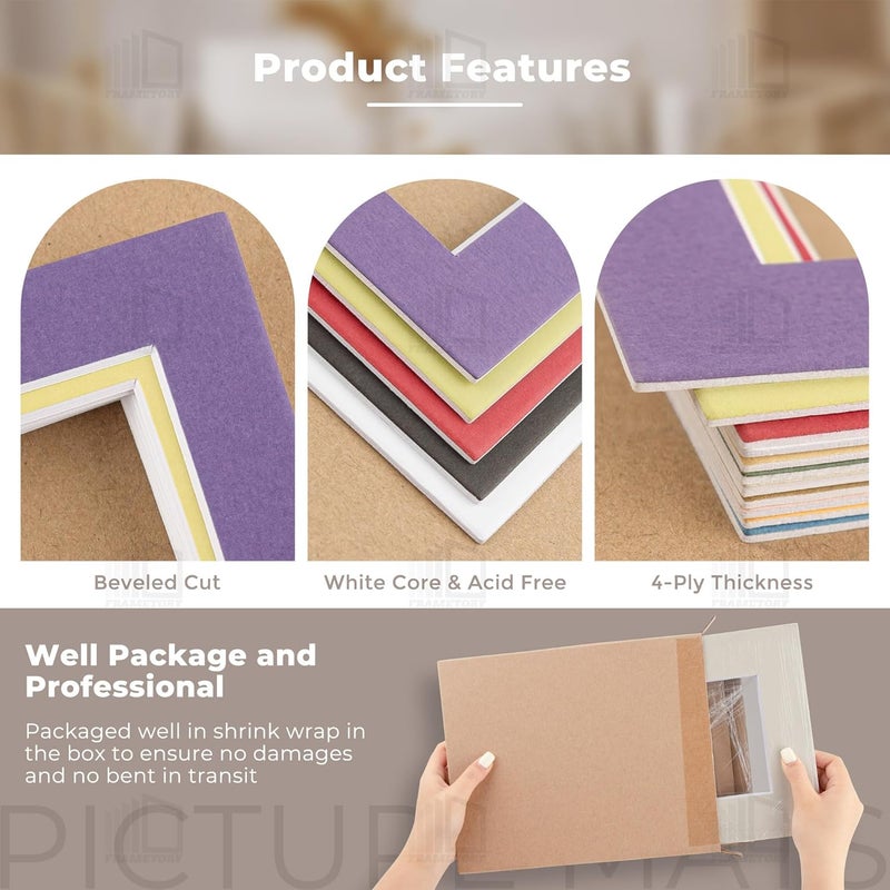 Frametory , 11x14 Mix Color Picture Mats for 8x10 Photos with White Core Bevel Edge Framing Mattes, Acid Free and 4-Ply Thickness - Pack of 10 - Image 3